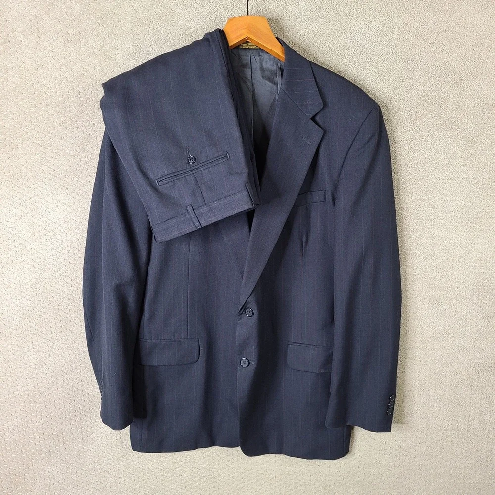 Towncraft Suit Mens 44L‎ Blue Red Striped Wool Blend 2 Piece Pants Pleated 35x34